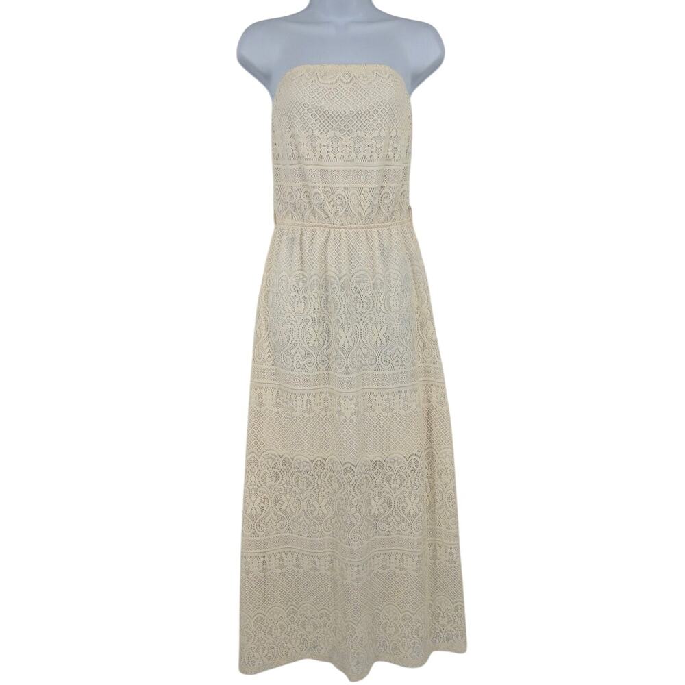 Cream Lace Strapless Maxi Dress Sz M Boho Bridal Coquette Cottage Ultra Flirt - Picture 2 of 10